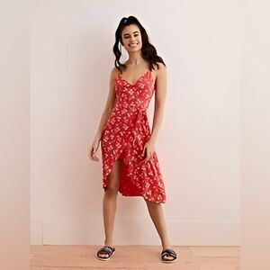 Aerie Red Wrap Around Tie Midi Dress Size Medium